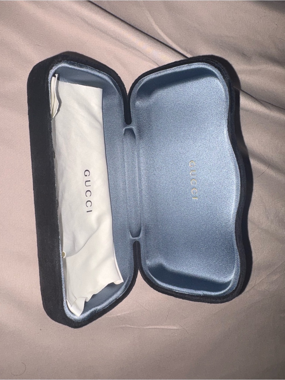 Gucci Black Velvet Sunglasses Case with Blue Satin Interior